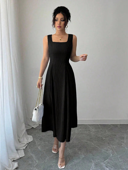 Fashzeo black sleeveless square neck midi dress with adjustable backless lace-up corset detail for women summer fashion.3