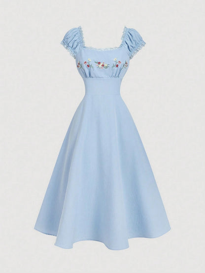 Fashzeo blue embroidered midi dress with contrast lace square neck and puff shell sleeves