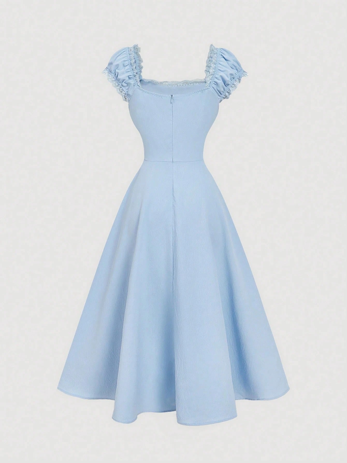 Fashzeo blue embroidered midi dress with contrast lace square neck and puff shell sleeves1