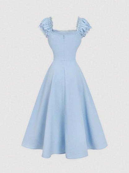 Fashzeo blue embroidered midi dress with contrast lace square neck and puff shell sleeves1