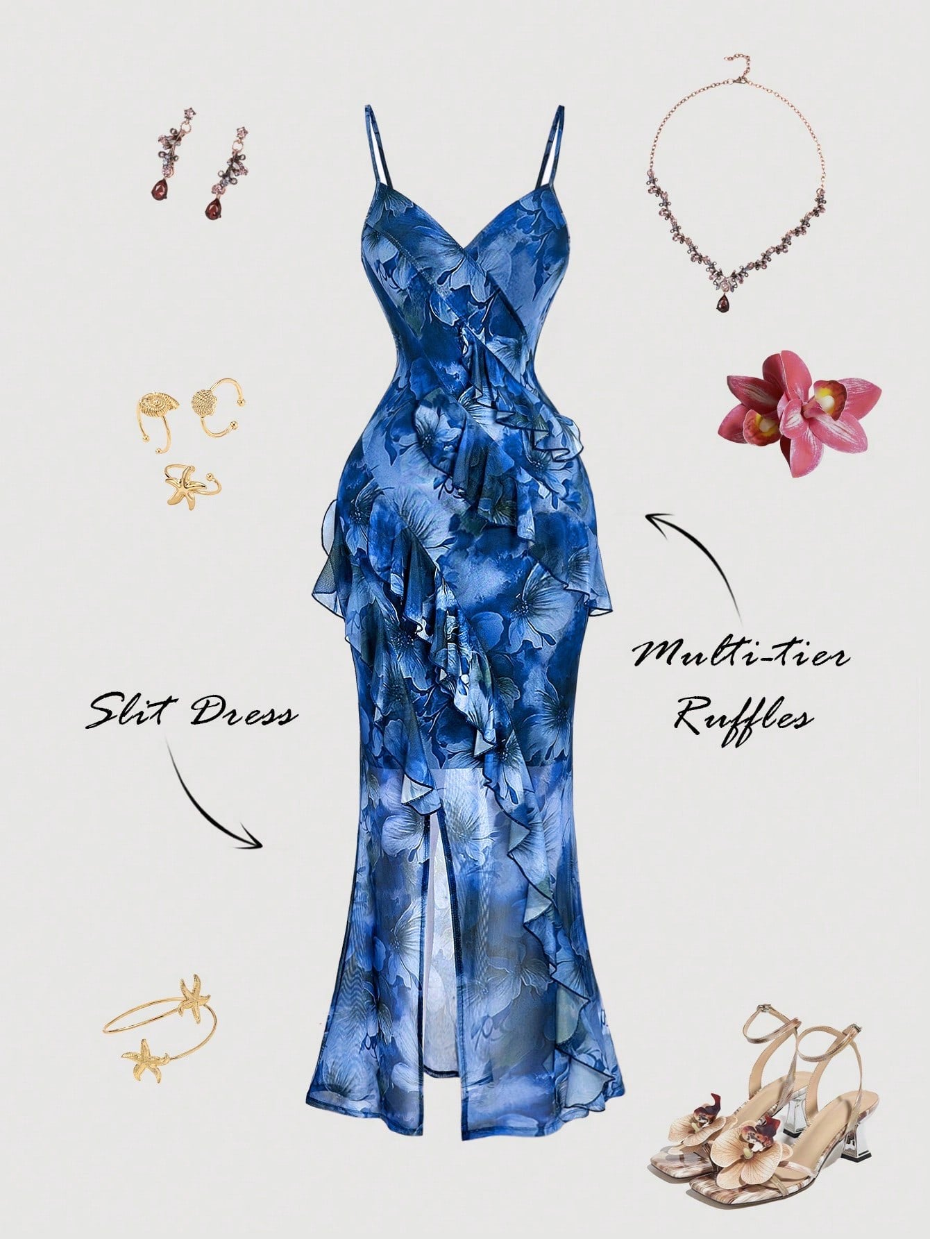 Fashzeo blue floral long dress with high slit, ruffle hem, and sexy backless design for women's party and vacation fashion.