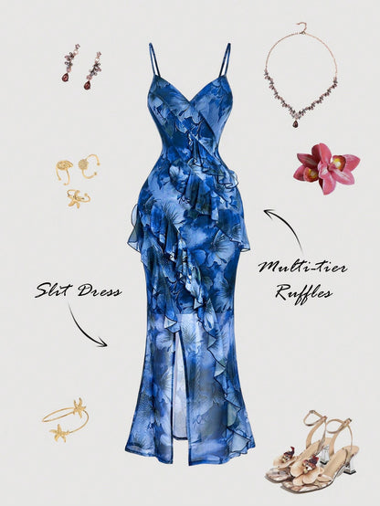 Fashzeo blue floral long dress with high slit, ruffle hem, and sexy backless design for women's party and vacation fashion.