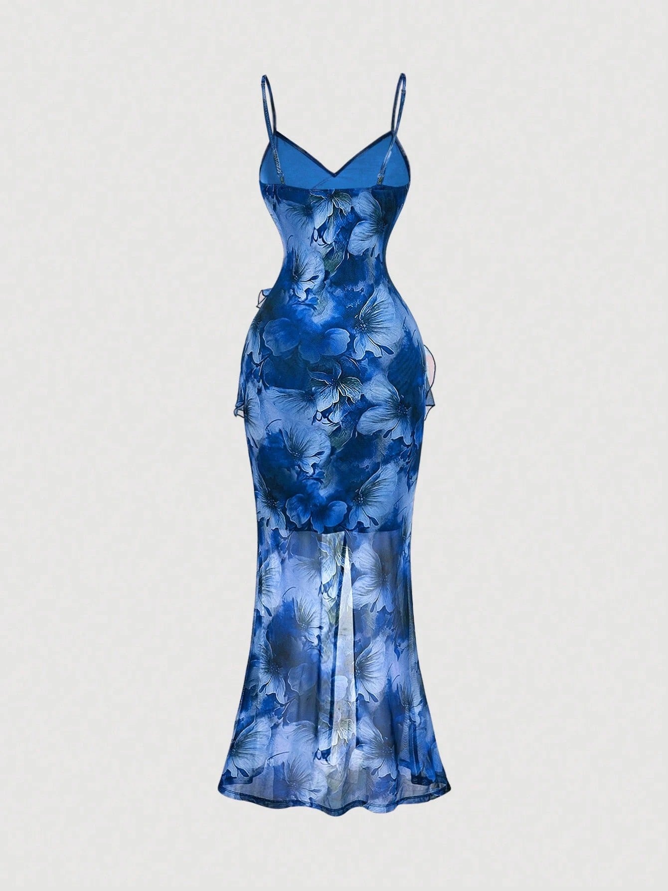 Fashzeo blue floral long dress with high slit, ruffle hem, and sexy backless design for women's party and vacation fashion.1