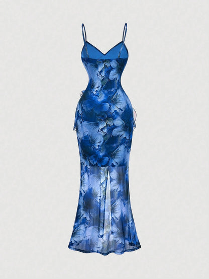 Fashzeo blue floral long dress with high slit, ruffle hem, and sexy backless design for women's party and vacation fashion.1