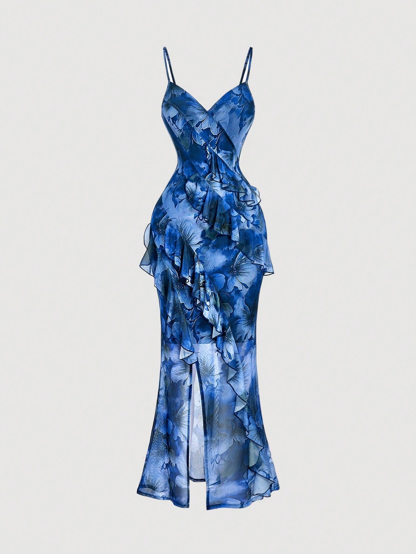 Fashzeo blue floral long dress with high slit, ruffle hem, and sexy backless design for women's party and vacation fashion.3