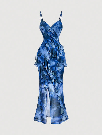 Fashzeo blue floral long dress with high slit, ruffle hem, and sexy backless design for women's party and vacation fashion.3