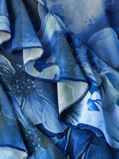 Fashzeo blue floral long dress with high slit, ruffle hem, and sexy backless design for women's party and vacation fashion.4