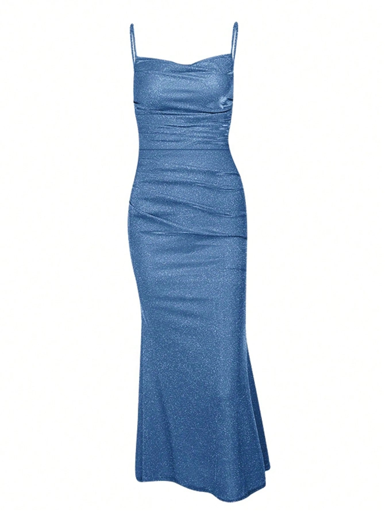Fashzeo blue ruched mermaid long dress with spaghetti straps and shimmer fabric, designed for premium Indian party wear.