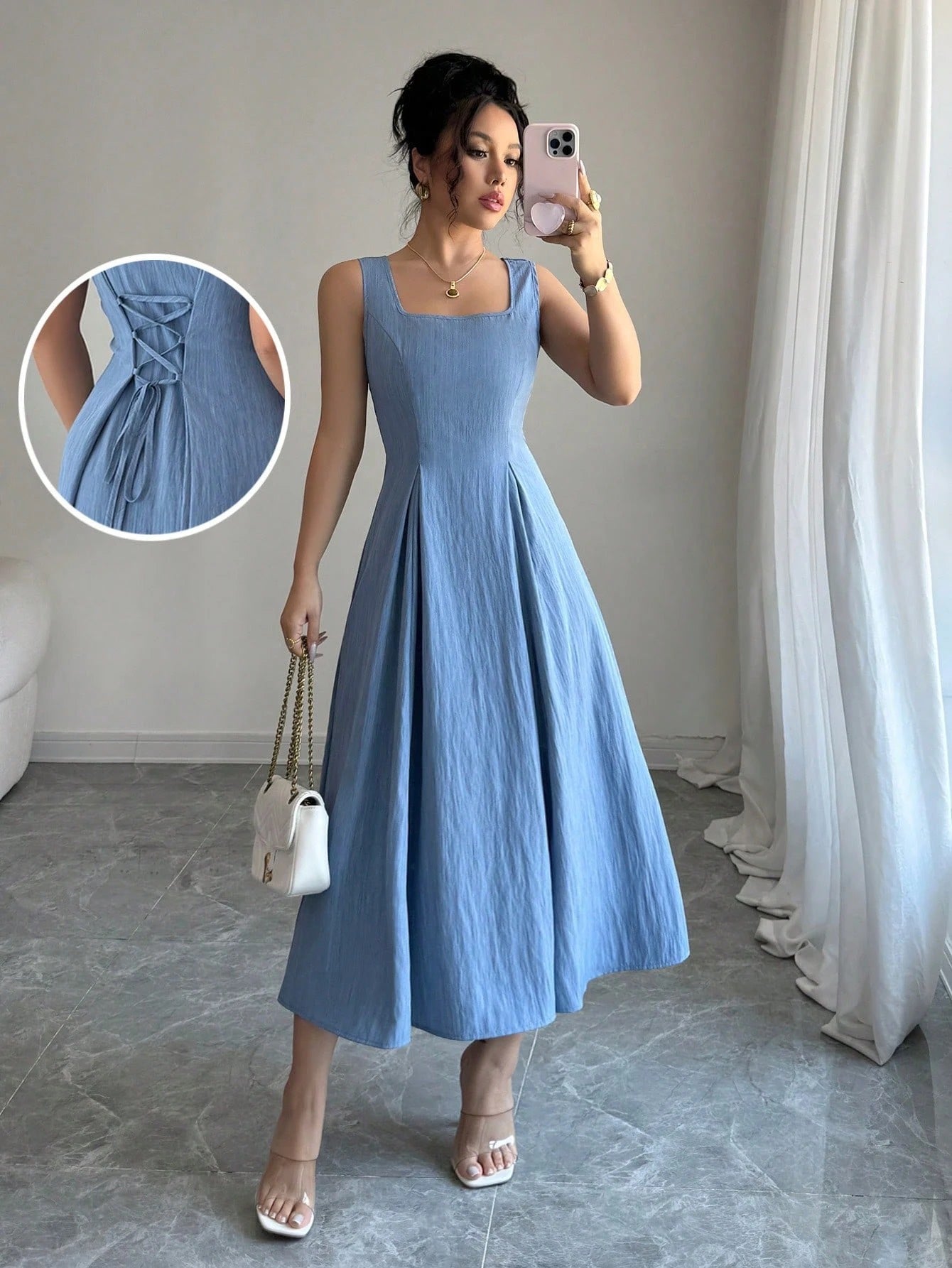 Fashzeo blue sleeveless square neck midi dress with adjustable backless lace-up corset detail for women summer fashion.