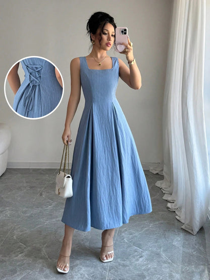 Fashzeo blue sleeveless square neck midi dress with adjustable backless lace-up corset detail for women summer fashion.