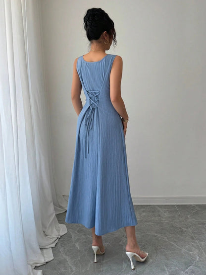 Fashzeo blue sleeveless square neck midi dress with adjustable backless lace-up corset detail for women summer fashion.1