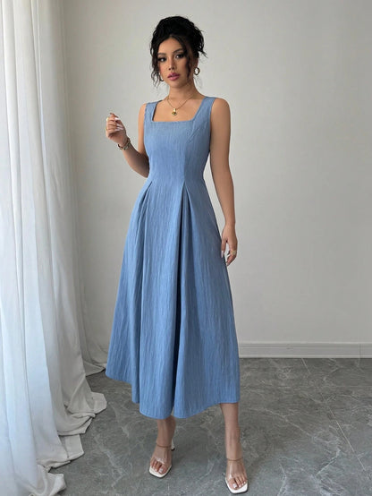 Fashzeo blue sleeveless square neck midi dress with adjustable backless lace-up corset detail for women summer fashion.2