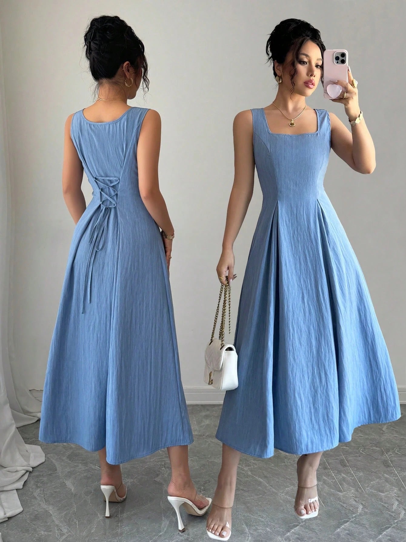 Fashzeo blue sleeveless square neck midi dress with adjustable backless lace-up corset detail for women summer fashion.3
