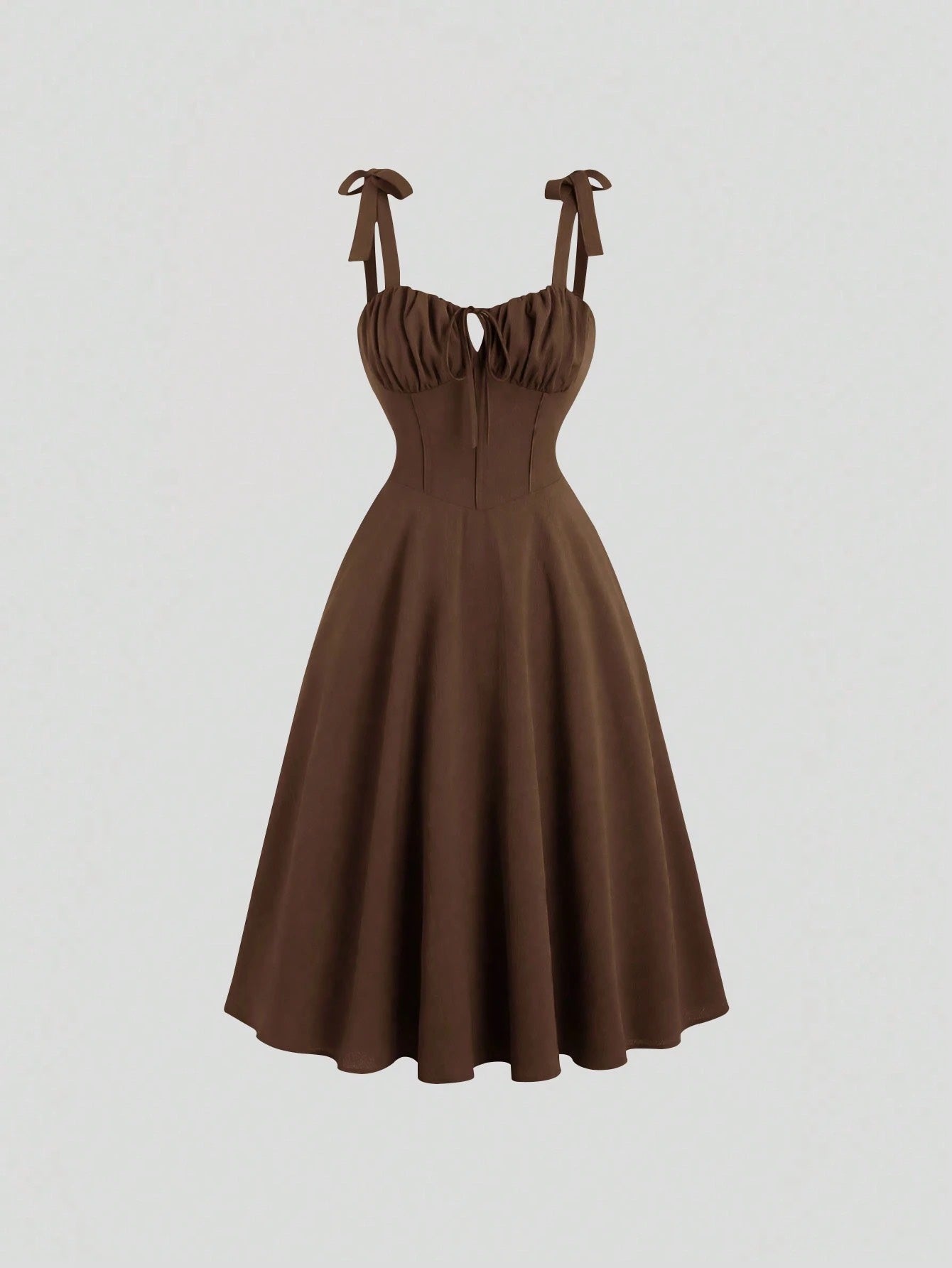 Fashzeo brown corset-style midi dress with ruched bust and adjustable tie-shoulder straps for women