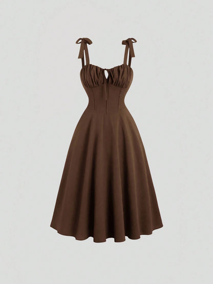Fashzeo brown corset-style midi dress with ruched bust and adjustable tie-shoulder straps for women