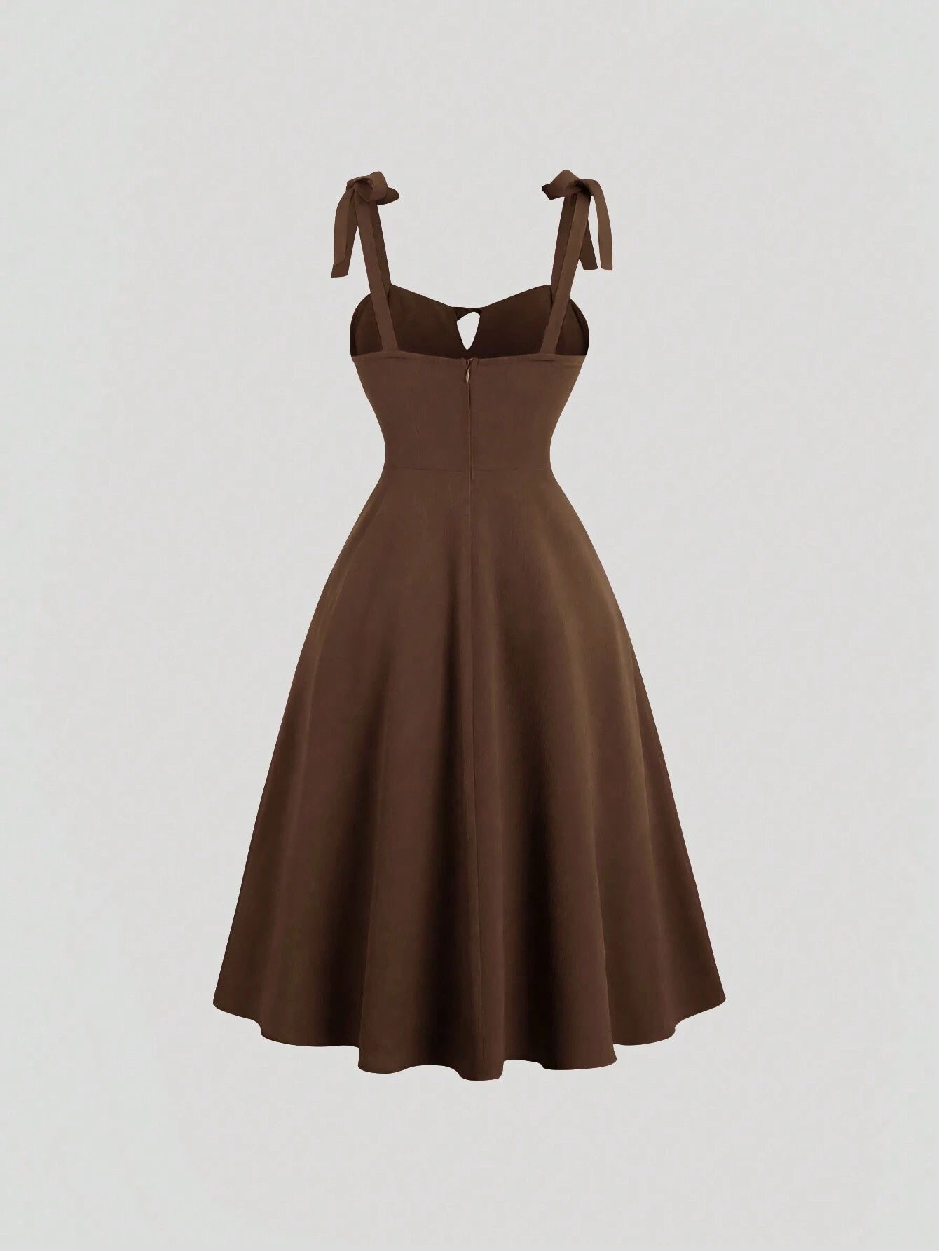 Fashzeo brown corset-style midi dress with ruched bust and adjustable tie-shoulder straps for women1