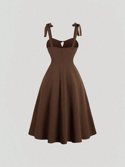 Fashzeo brown corset-style midi dress with ruched bust and adjustable tie-shoulder straps for women1