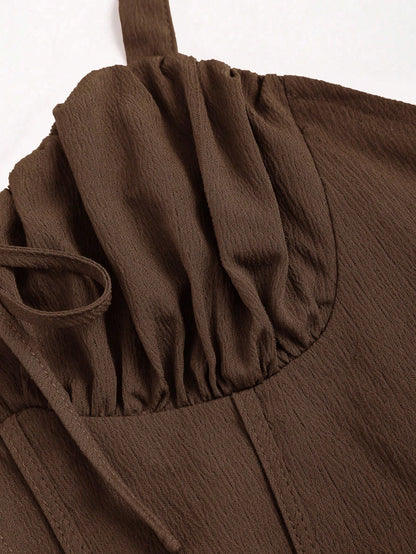 Fashzeo brown corset-style midi dress with ruched bust and adjustable tie-shoulder straps for women4