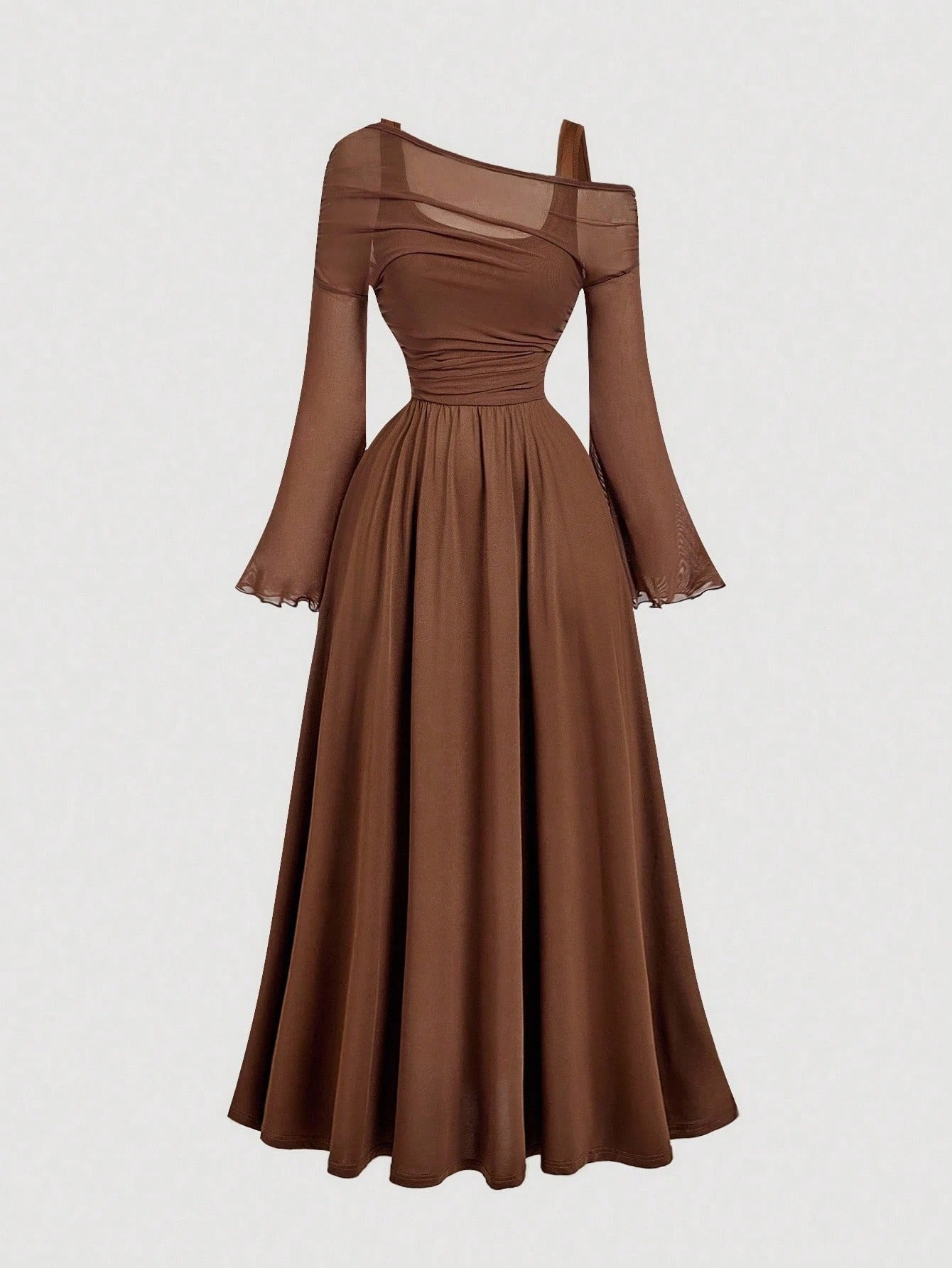 Fashzeo brown off-shoulder mesh 2-in-1 dress with dramatic trumpet sleeves and asymmetrical neckline for women's vintage boho fashion