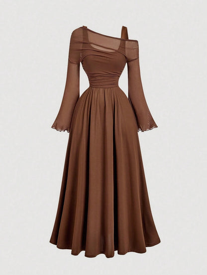 Fashzeo brown off-shoulder mesh 2-in-1 dress with dramatic trumpet sleeves and asymmetrical neckline for women's vintage boho fashion