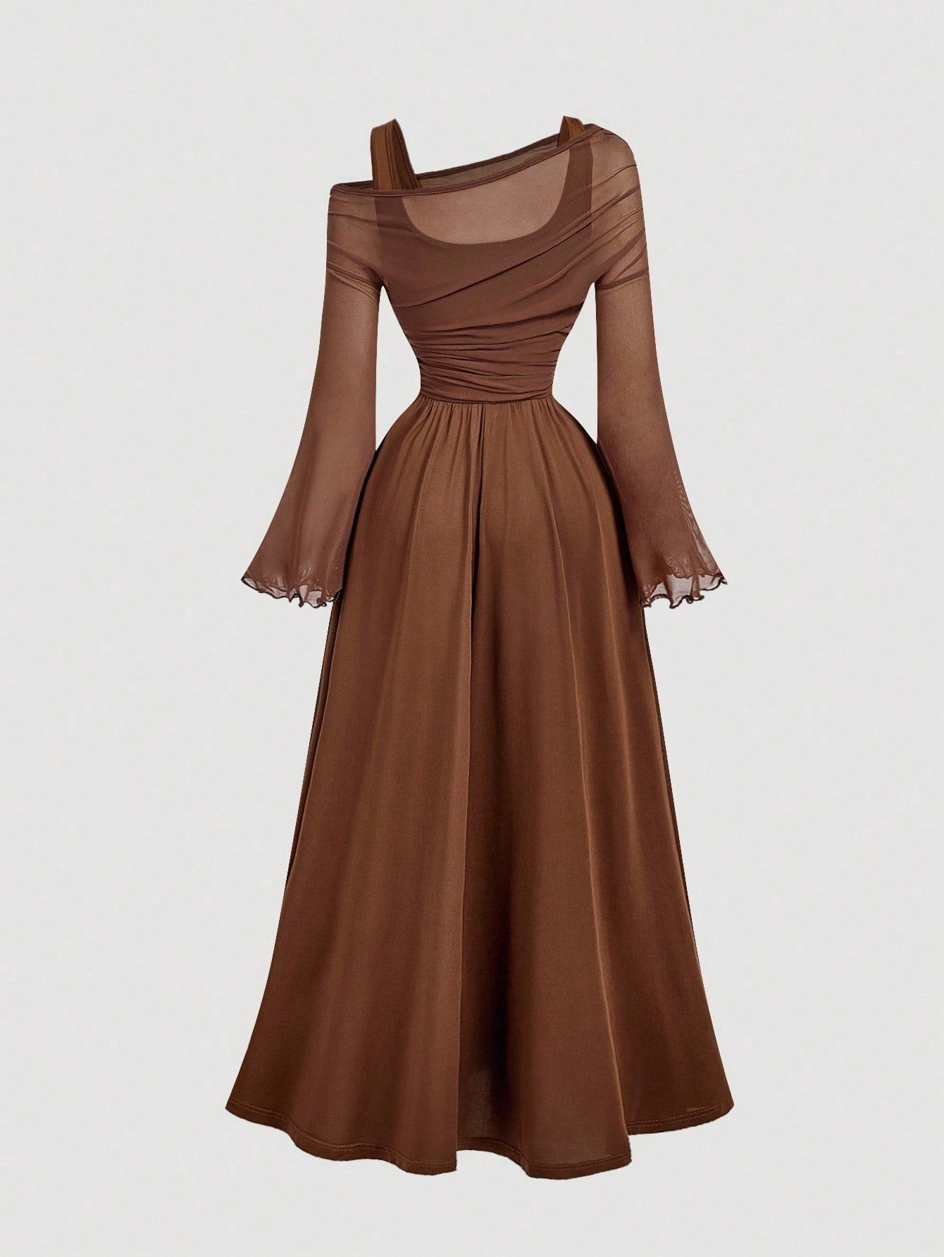 Fashzeo brown off-shoulder mesh 2-in-1 dress with dramatic trumpet sleeves and asymmetrical neckline for women's vintage boho fashion1