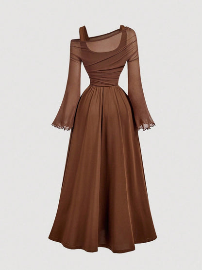Fashzeo brown off-shoulder mesh 2-in-1 dress with dramatic trumpet sleeves and asymmetrical neckline for women's vintage boho fashion1