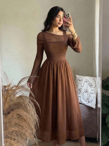 Fashzeo brown off-shoulder mesh 2-in-1 dress with dramatic trumpet sleeves and asymmetrical neckline for women's vintage boho fashion5