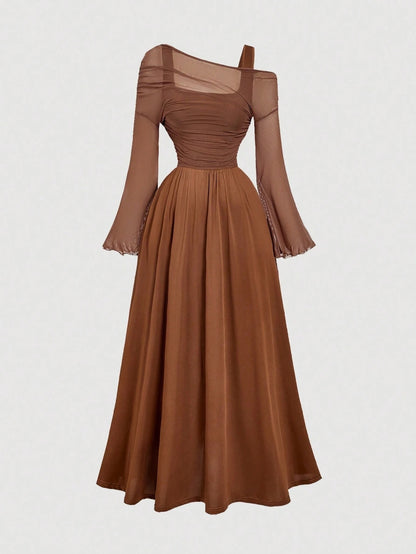 Fashzeo brown off-shoulder mesh 2-in-1 dress with dramatic trumpet sleeves and asymmetrical neckline for women's vintage boho fashion6