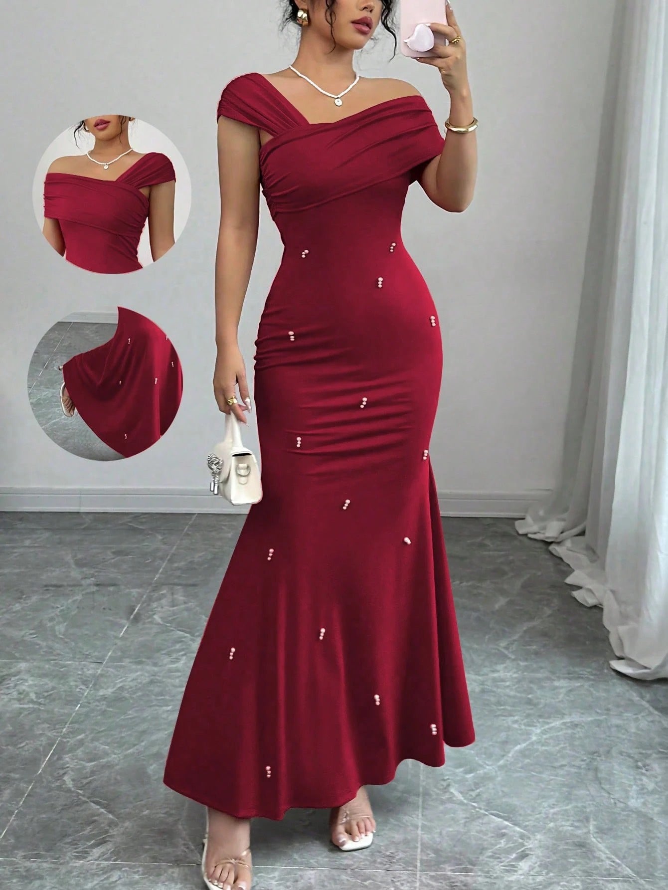 Fashzeo burgundy asymmetrical beaded mermaid long dress featuring a sleek one-shoulder neckline and floor-length evening gown silhouette