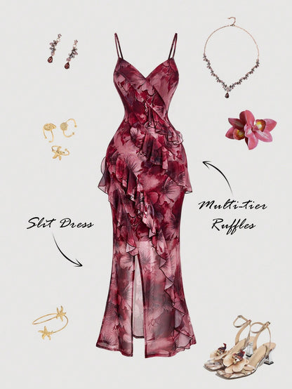 Fashzeo burgundy floral long dress with high slit, ruffle hem, and sexy backless design for women's party and vacation fashion.