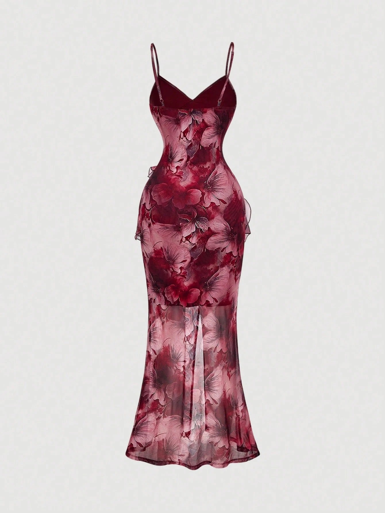 Fashzeo burgundy floral long dress with high slit, ruffle hem, and sexy backless design for women's party and vacation fashion.1