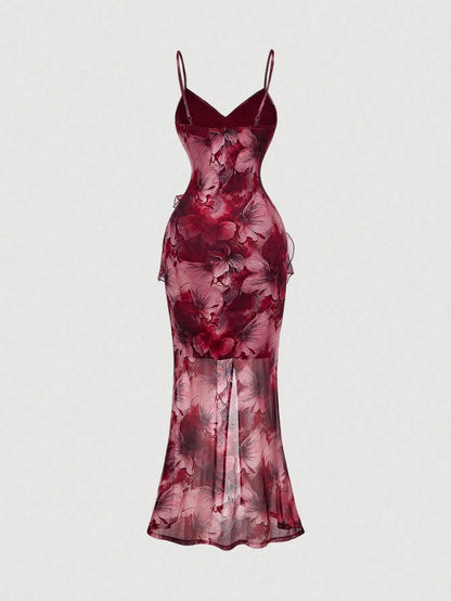 Fashzeo burgundy floral long dress with high slit, ruffle hem, and sexy backless design for women's party and vacation fashion.1