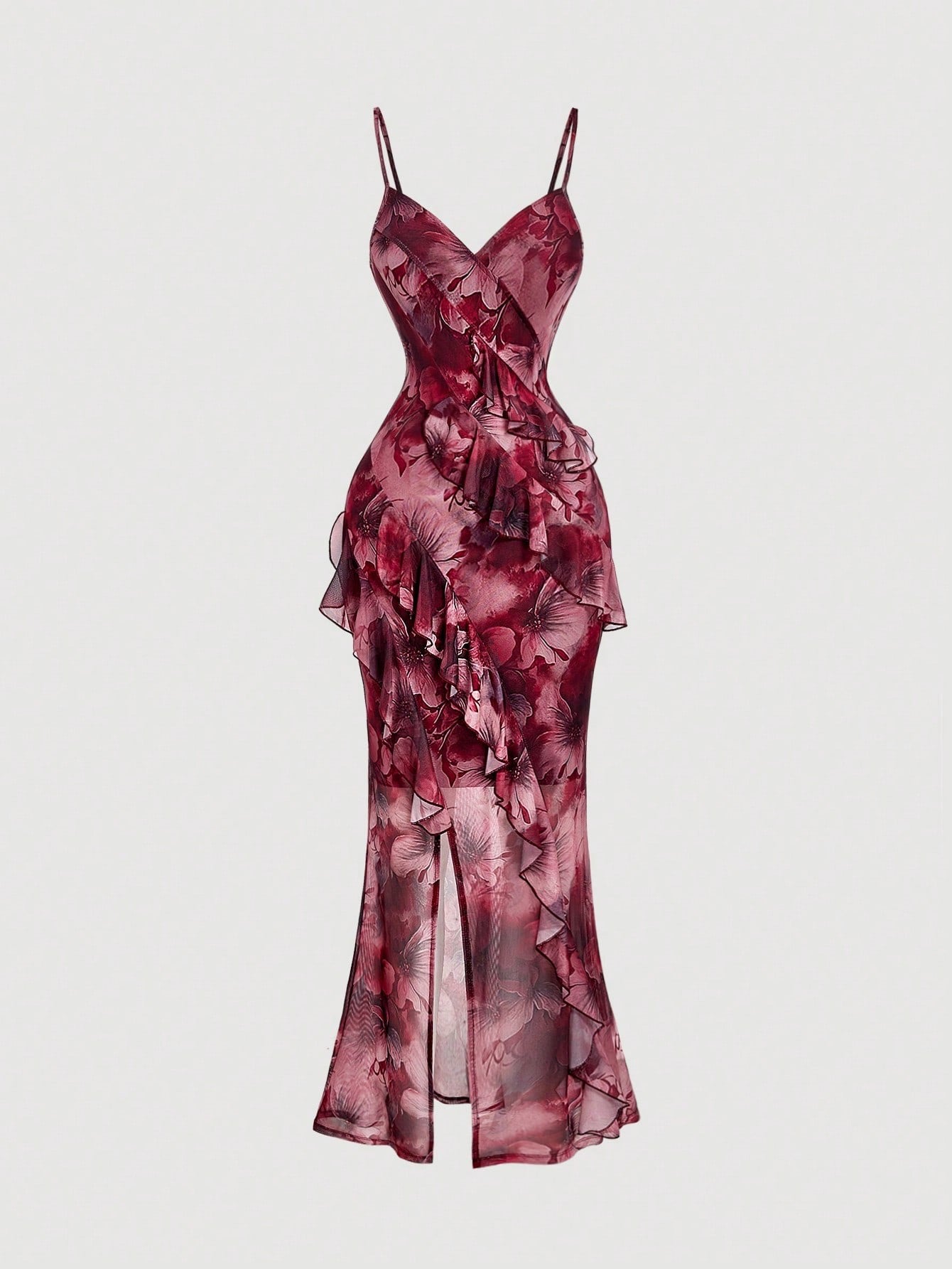 Fashzeo burgundy floral long dress with high slit, ruffle hem, and sexy backless design for women's party and vacation fashion.2