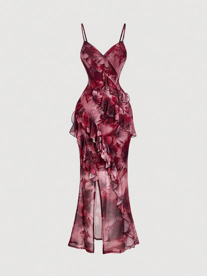 Fashzeo burgundy floral long dress with high slit, ruffle hem, and sexy backless design for women's party and vacation fashion.2