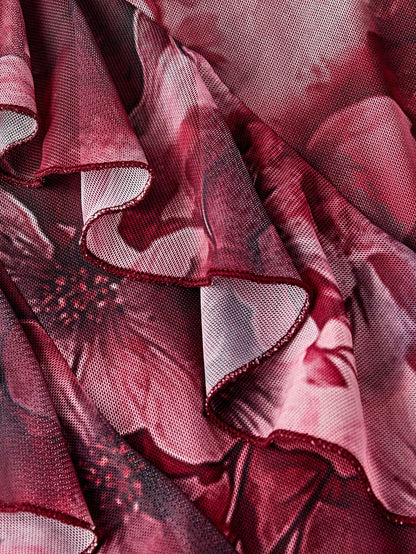 Fashzeo burgundy floral long dress with high slit, ruffle hem, and sexy backless design for women's party and vacation fashion.3