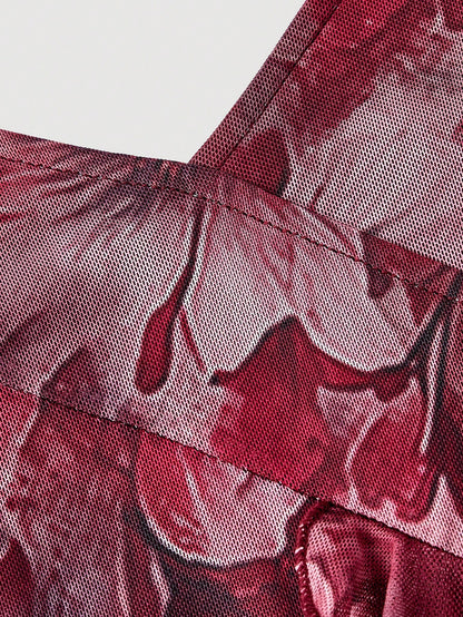 Fashzeo burgundy floral long dress with high slit, ruffle hem, and sexy backless design for women's party and vacation fashion.4