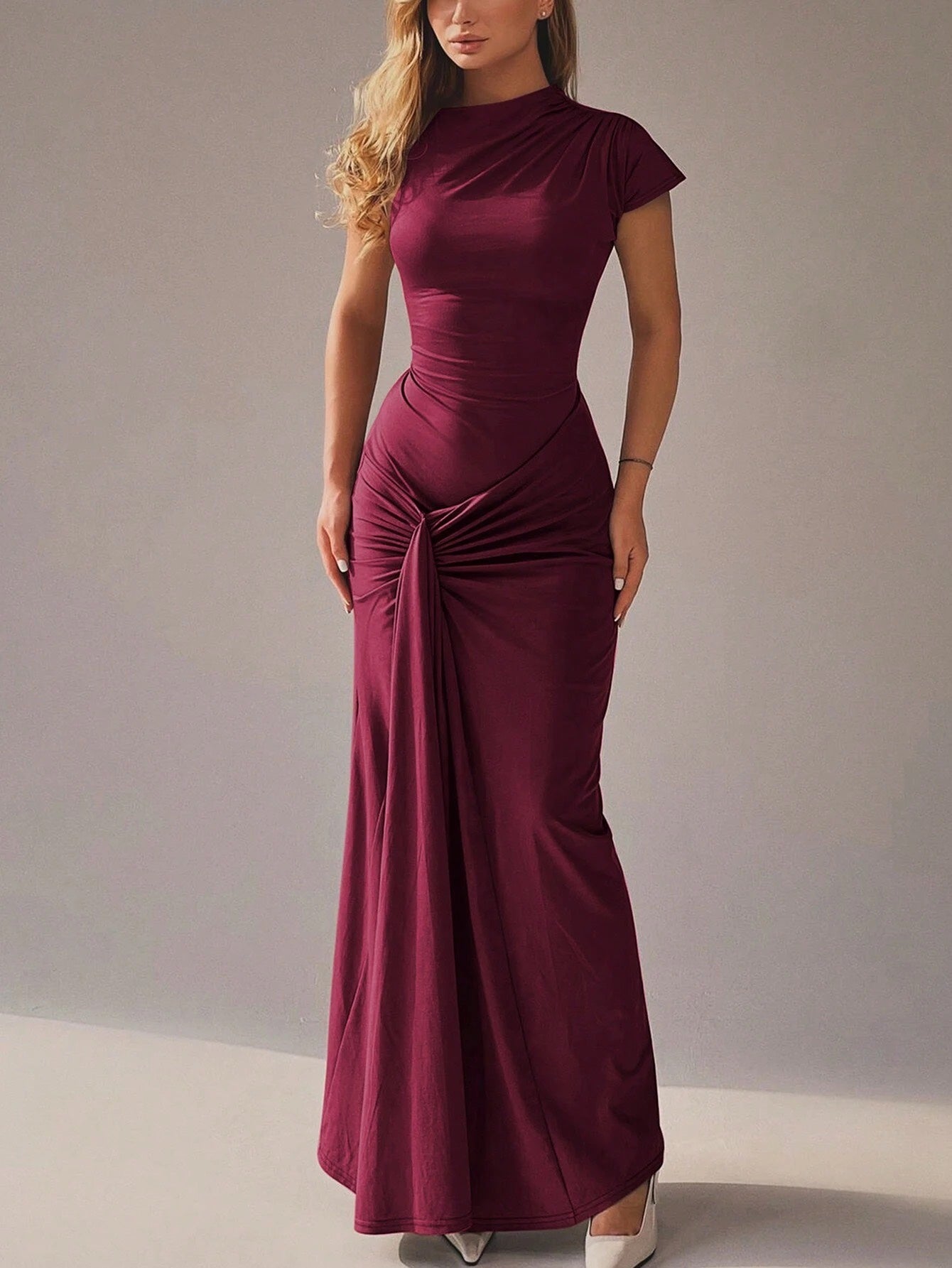 Fashzeo burgundy lace-up bandage mini dress featuring ruffle sleeves and a corset-style front for a vintage coquette aesthetic.