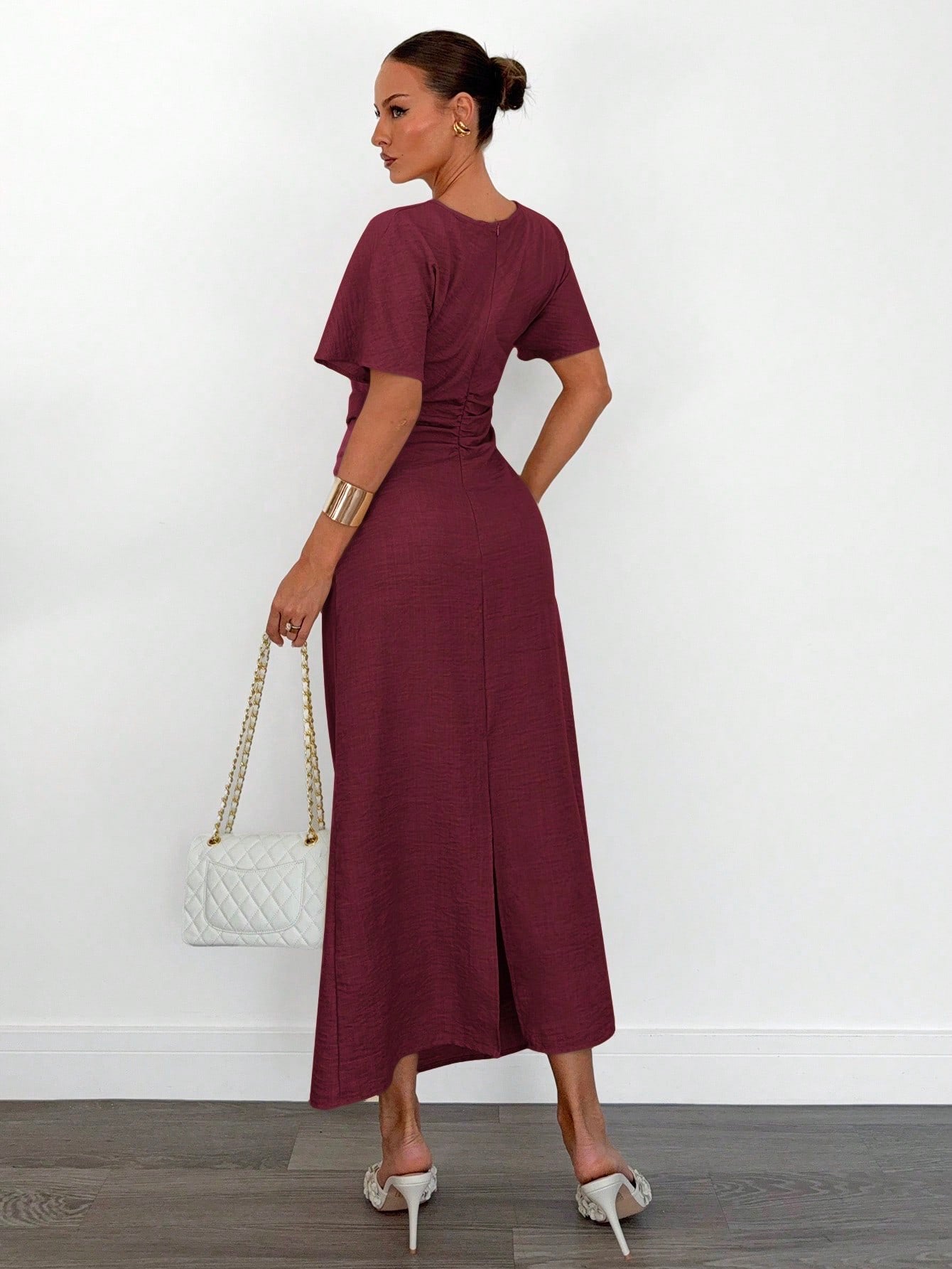 Fashzeo burgundy linen blend long dress featuring a square neck, high slit, and ruffled fishtail hem for a quiet luxury aesthetic.1