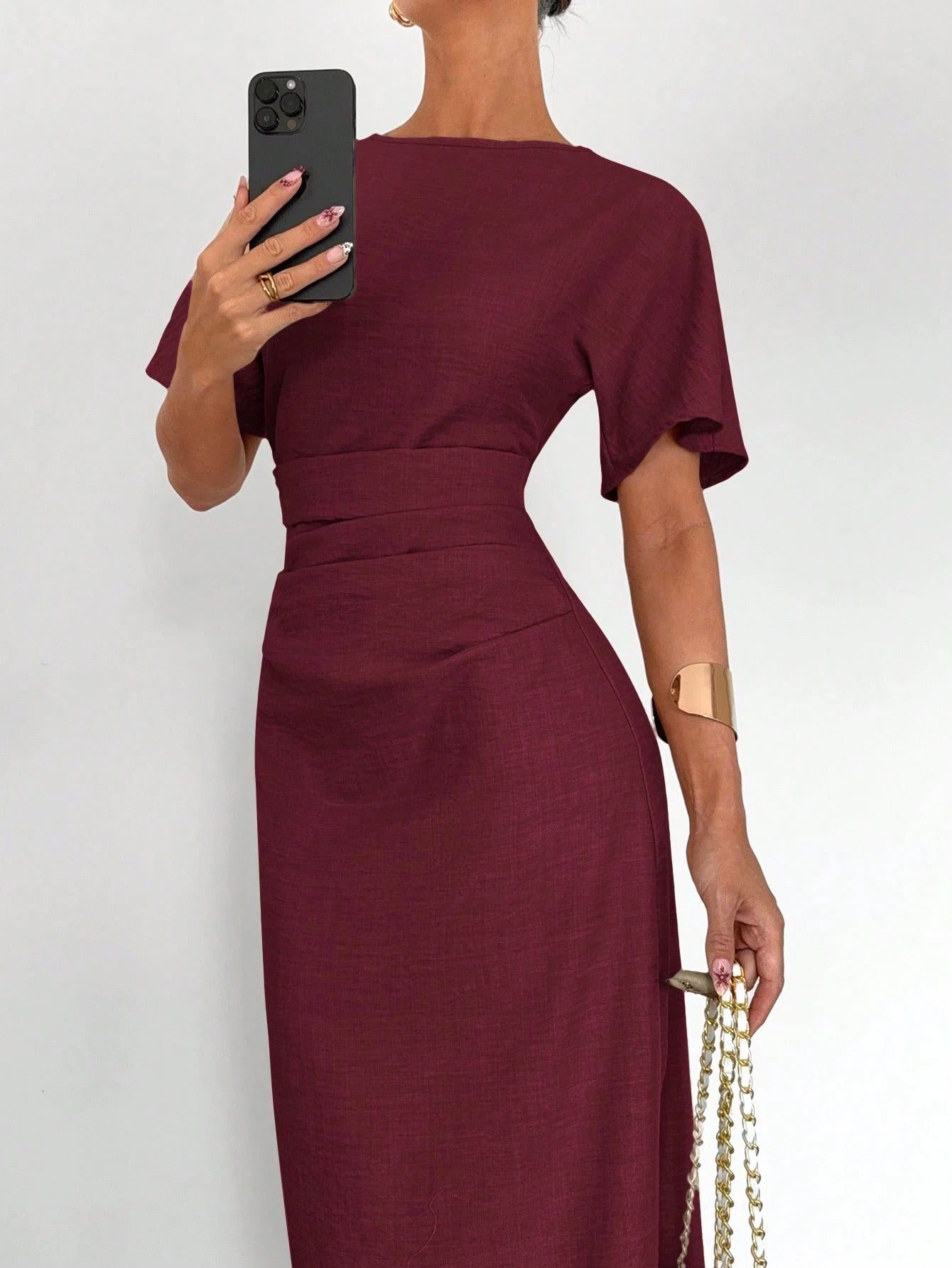 Fashzeo burgundy linen blend long dress featuring a square neck, high slit, and ruffled fishtail hem for a quiet luxury aesthetic.2