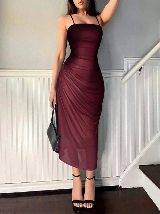 Fashzeo burgundy ombre pleated long dress with a sunset gradient effect and delicate spaghetti straps for premium Indian fashion.