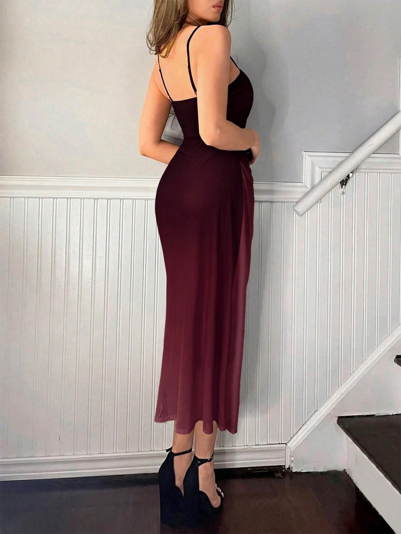 Fashzeo burgundy ombre pleated long dress with a sunset gradient effect and delicate spaghetti straps for premium Indian fashion.