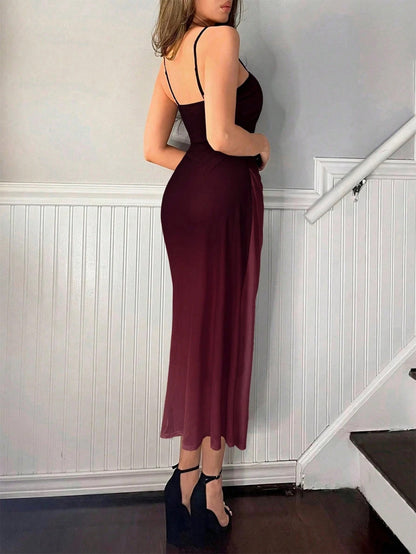 Fashzeo burgundy ombre pleated long dress with a sunset gradient effect and delicate spaghetti straps for premium Indian fashion.