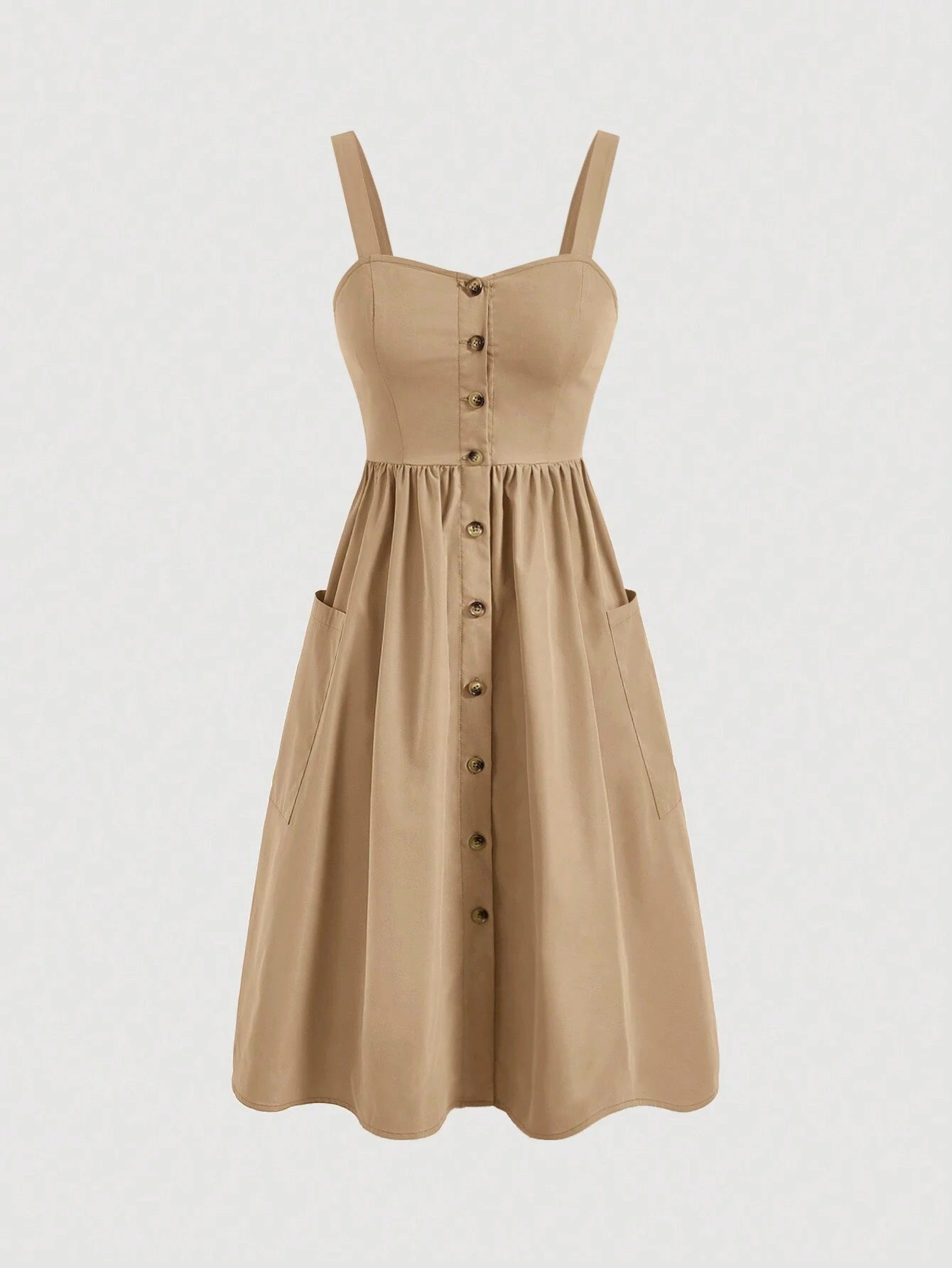 Fashzeo camel sleeveless button-front midi sundress with wide straps and functional side pockets for women summer fashion
