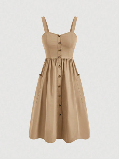 Fashzeo camel sleeveless button-front midi sundress with wide straps and functional side pockets for women summer fashion