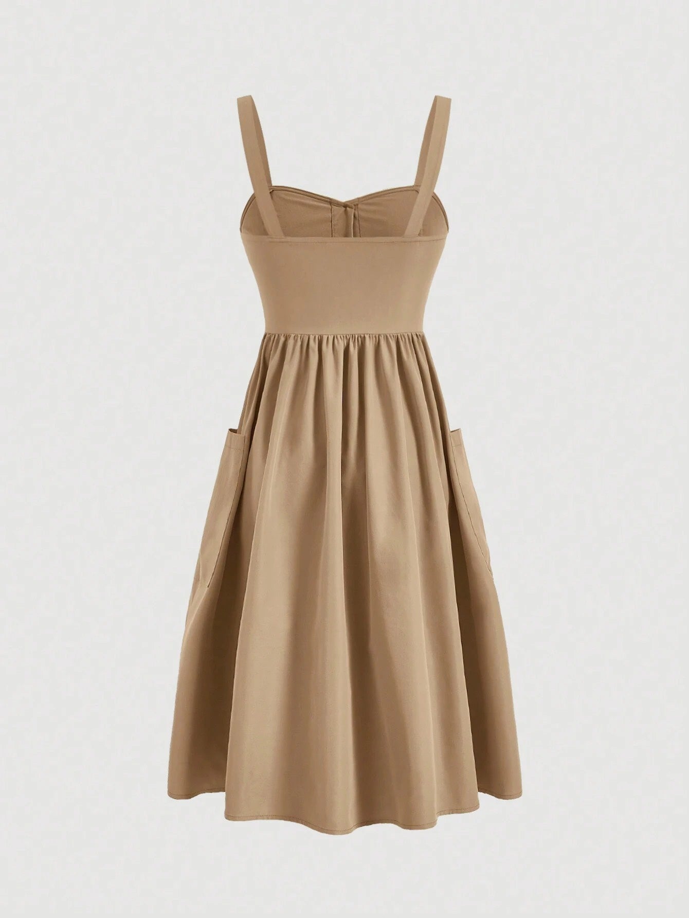 Fashzeo camel sleeveless button-front midi sundress with wide straps and functional side pockets for women summer fashion1