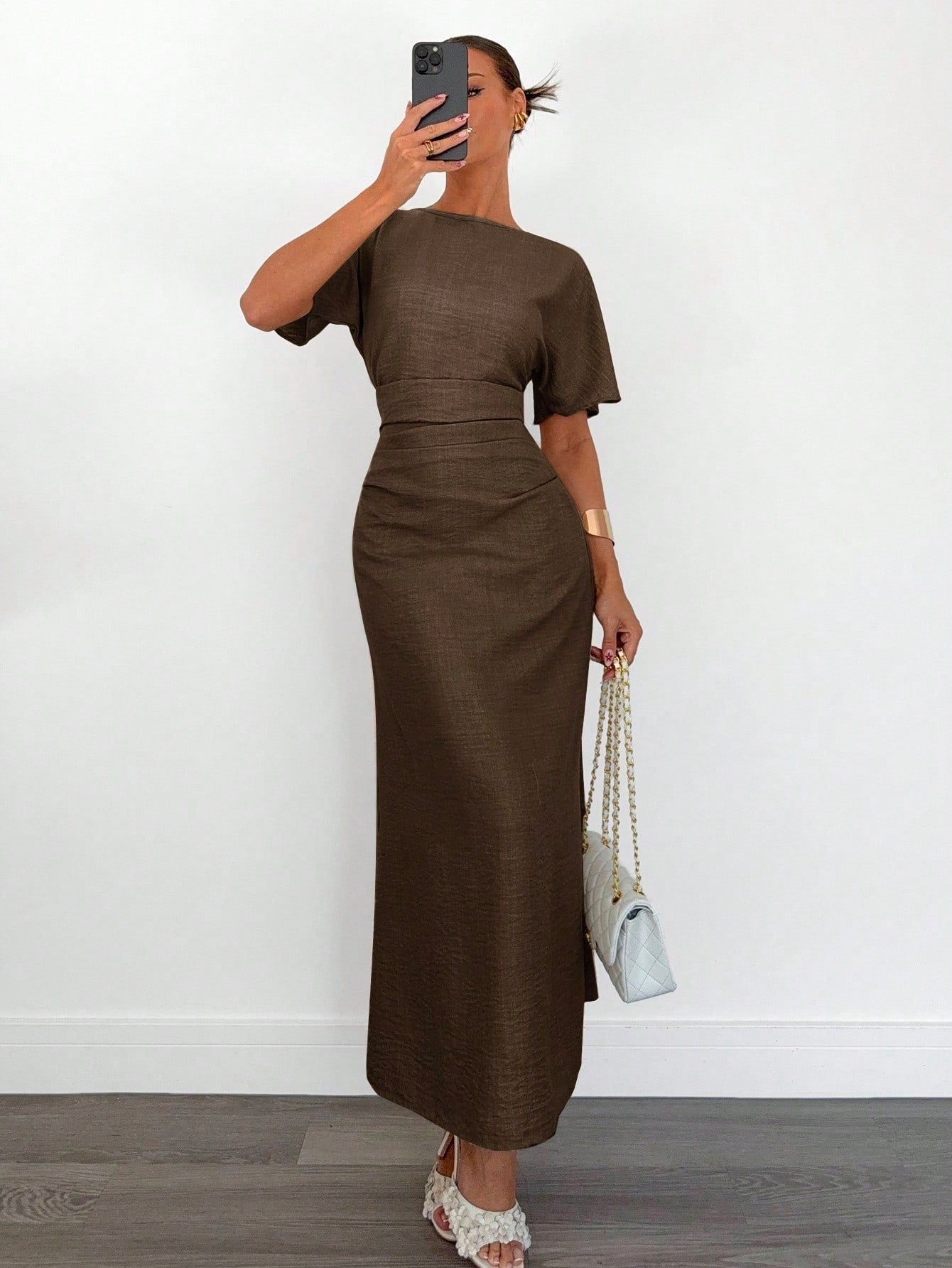 Fashzeo coffee brown linen blend long dress featuring a square neck, high slit, and ruffled fishtail hem for a quiet luxury aesthetic.