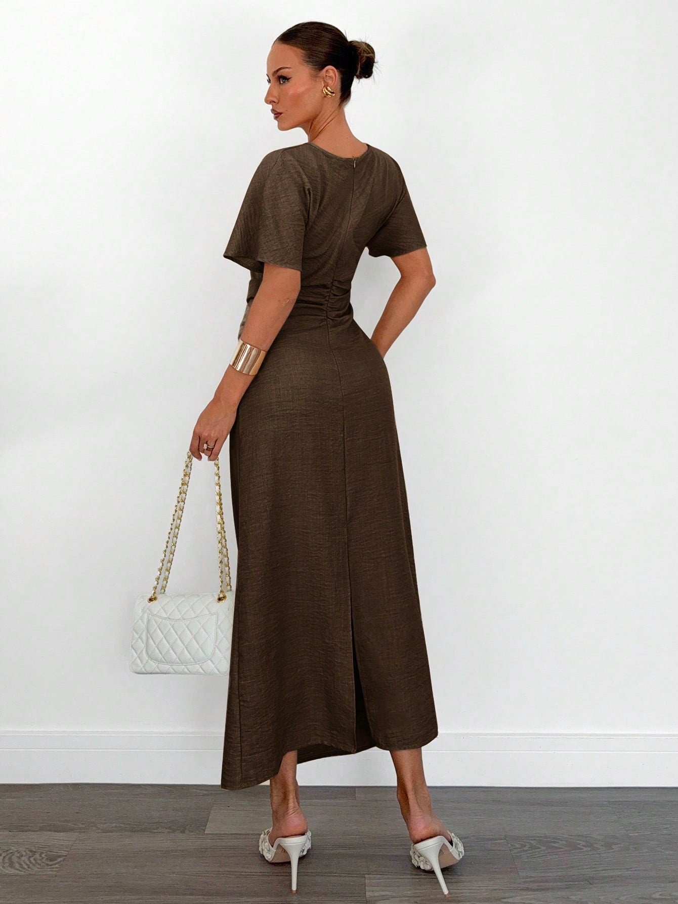 Fashzeo coffee brown linen blend long dress featuring a square neck, high slit, and ruffled fishtail hem for a quiet luxury aesthetic.1