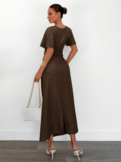 Fashzeo coffee brown linen blend long dress featuring a square neck, high slit, and ruffled fishtail hem for a quiet luxury aesthetic.1