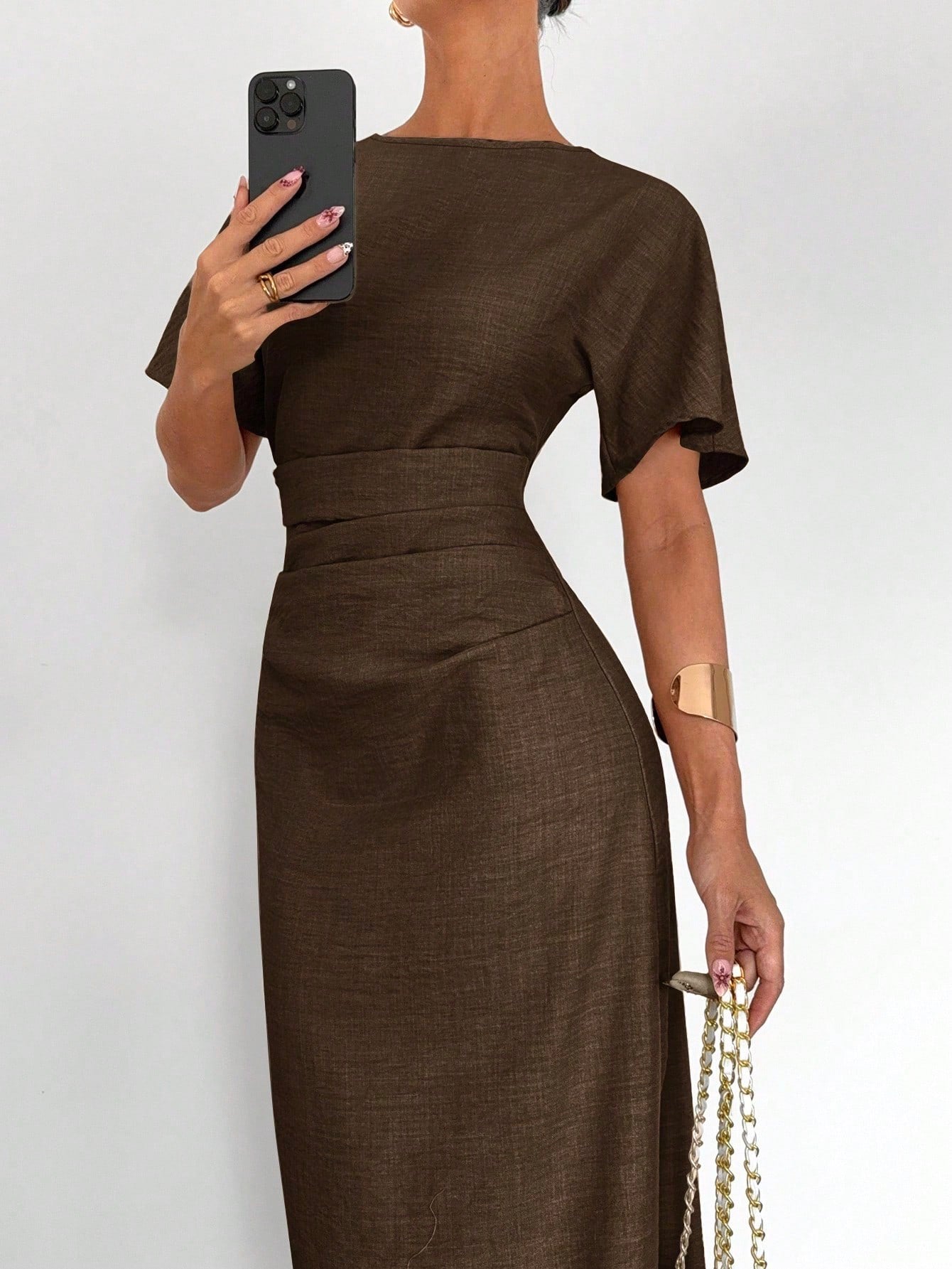Fashzeo coffee brown linen blend long dress featuring a square neck, high slit, and ruffled fishtail hem for a quiet luxury aesthetic.2