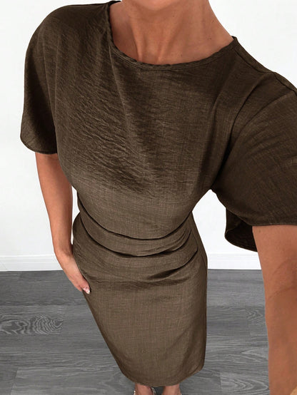 Fashzeo coffee brown linen blend long dress featuring a square neck, high slit, and ruffled fishtail hem for a quiet luxury aesthetic.3
